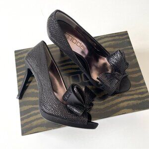 Moda Spana Sequin Peep Toe Stiletto Heels with Bow, Black Size 6